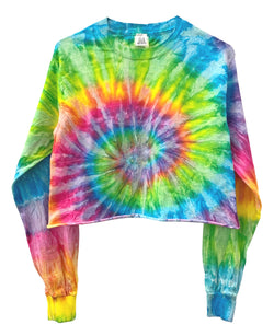 Rainbow Tie-Dye Cropped Long Sleeve Unisex Tee, Hand Dyed