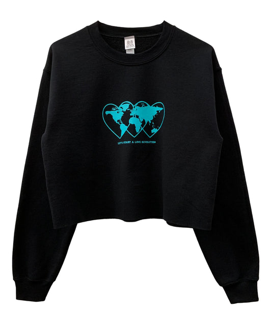 Love Revolution Black Graphic Cropped Crewneck Sweatshirt