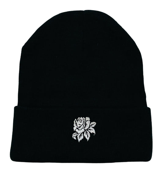 Rose Embroidered Black Beanie