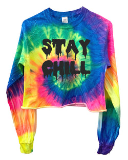 STAY CHILL Neon Rainbow Tie-Dye Long Sleeve Graphic Unisex Crop Top