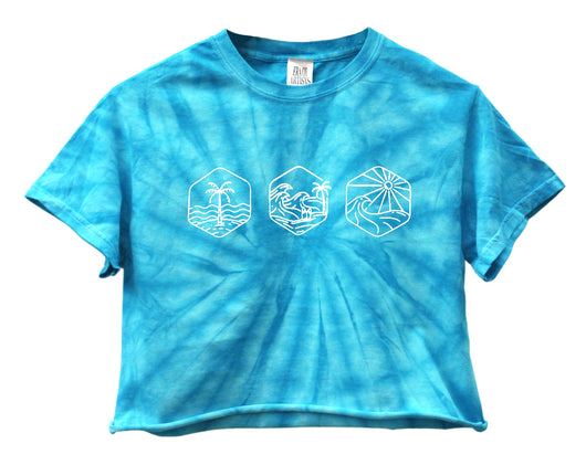 Sun and Surf Graphic Turquoise Tie-Dye Unisex Cropped Tee