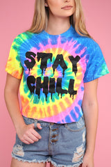 STAY CHILL Neon Rainbow Tie-Dye Graphic Unisex Crop Top