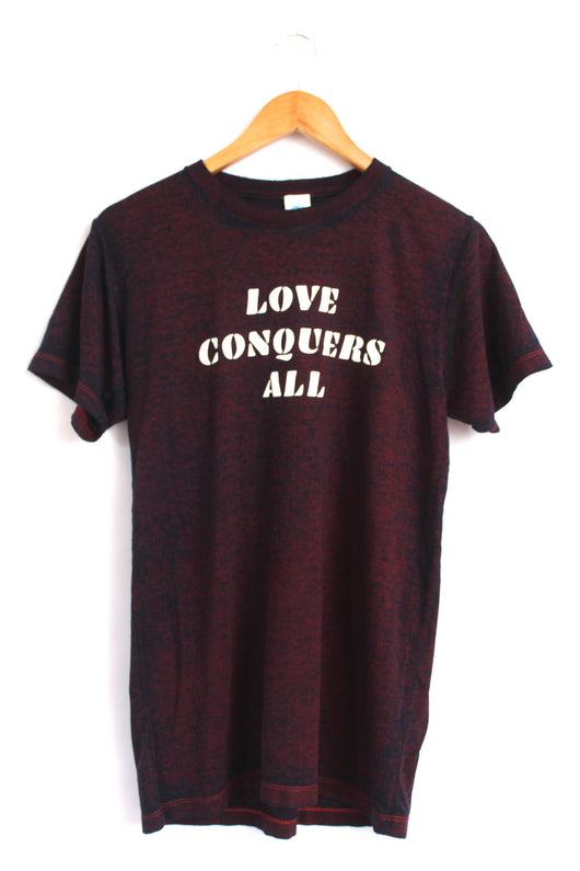 Love Conquers All Maroon Acid Wash Graphic Unisex Tee