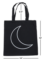 Silver Metallic Crescent Moon Reusable 15"x16" Black Canvas Tote Bag